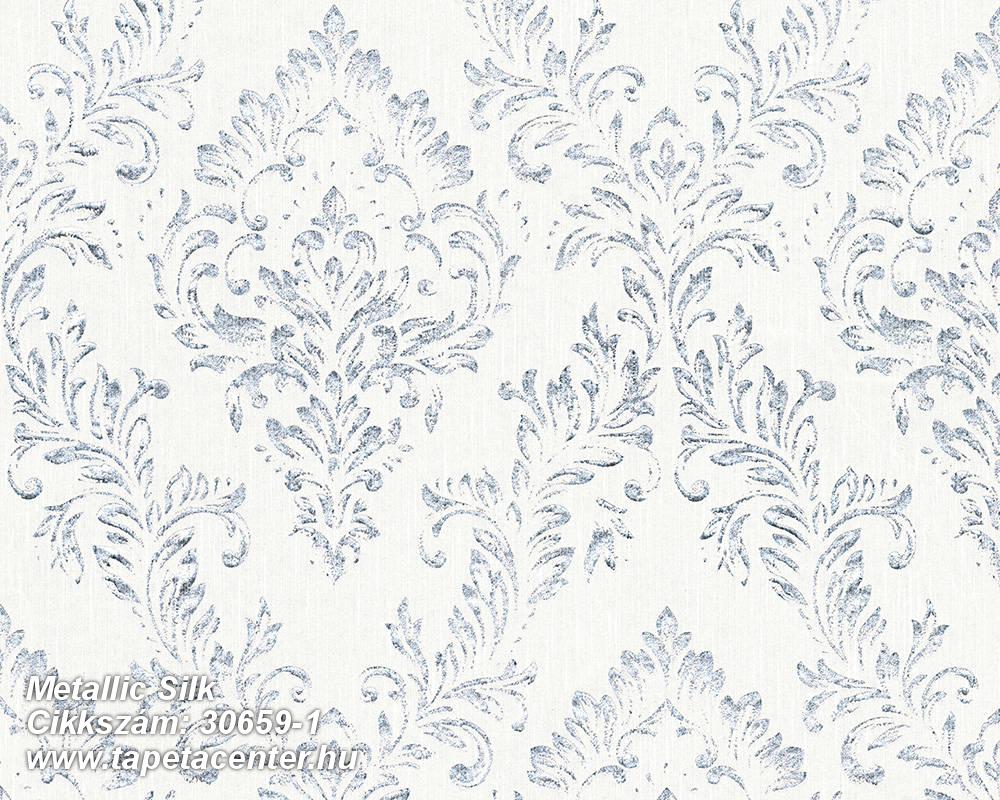 Barokk-klasszikus,csillámos,különleges felületű,különleges motívumos,valódi textil,ezüst,fehér,kék,vlies tapéta 